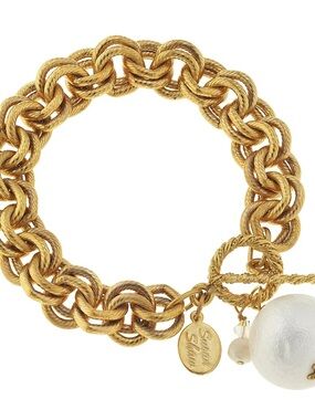 Gold-Tone Chunky Rope Link Bracelet with Pearl Charm